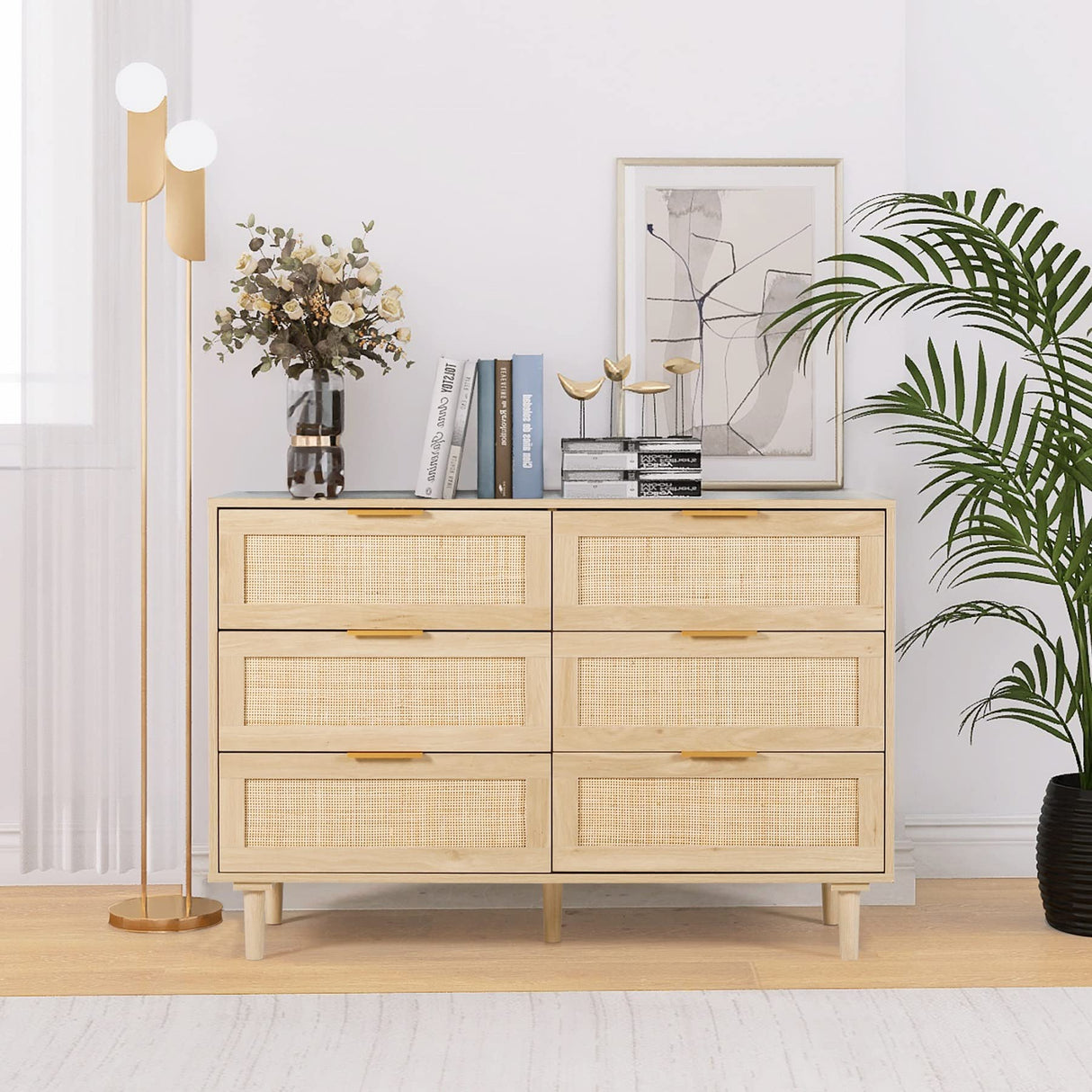 FUQARHY Rattan Dresser for Bedroom, Modern 6 Drawer Double Dresser with Gold Handles, Wood Storage Chest of Drawers for Bedroom,Living Room,Hallway FUQARHY