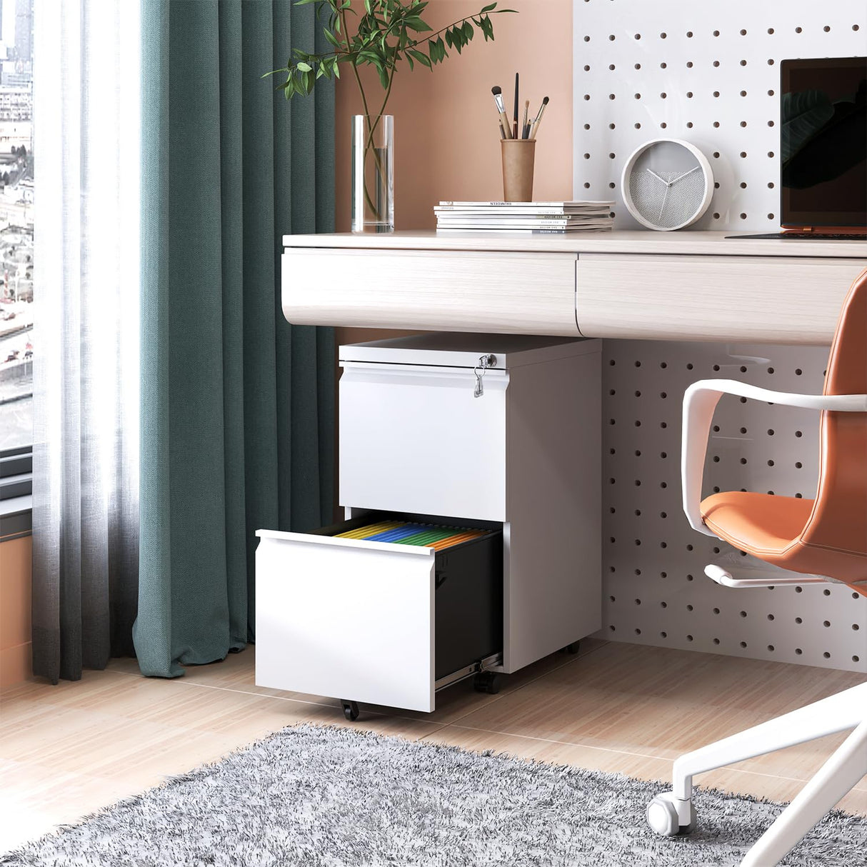 BIZOEIRON 2 Drawer Mobile File Cabinet,Under Desk Metal Filing Cabinet with Lock and Wheels,Rolling File Cabinet for Home Office Legal/Letter/A4 File BIZOEIRON