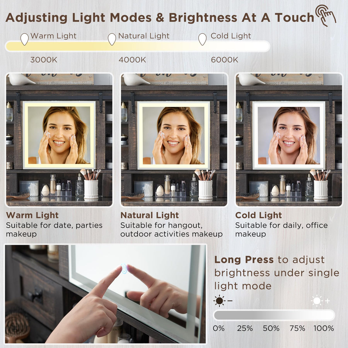 T4TREAM Farmhouse Makeup Vanity Desk with Sliding Mirror and Lights, 42'' Glass Tabletop Vanity Table with 2 Drawers & Shelves, Rustic Big Vanity Set T4TREAM