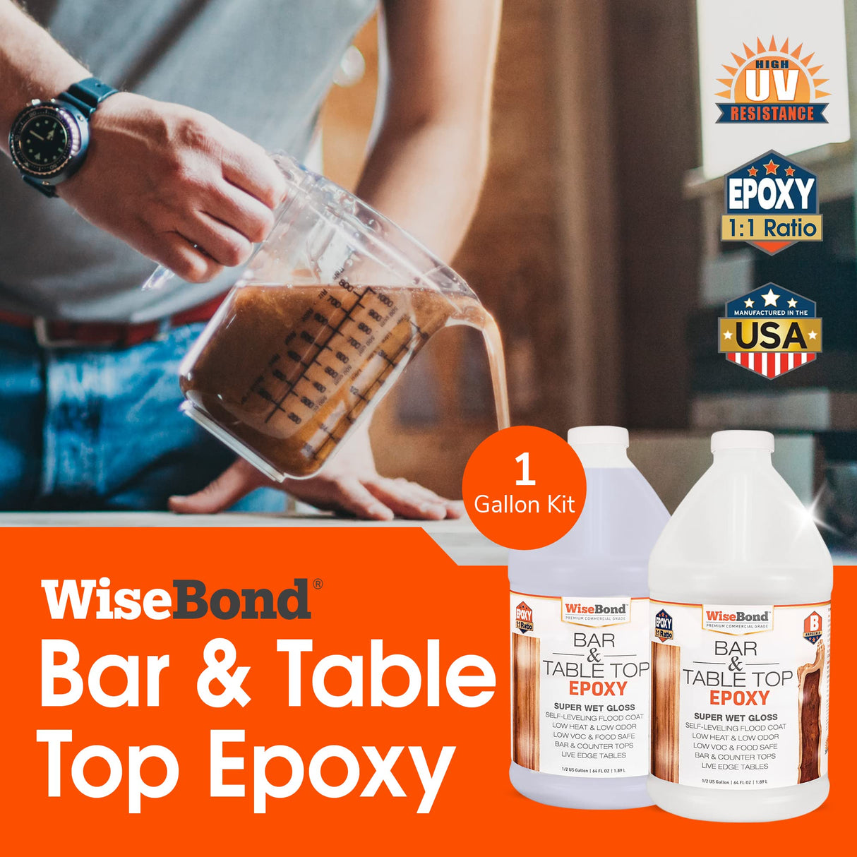 WiseBond - Clear Table Top Epoxy Resin Kit, Crystal Clear Epoxy Resin Kit for Countertops, Bars & Tables, 2 Part Epoxy with 1:1 Ratio Clear Epoxy WiseBond