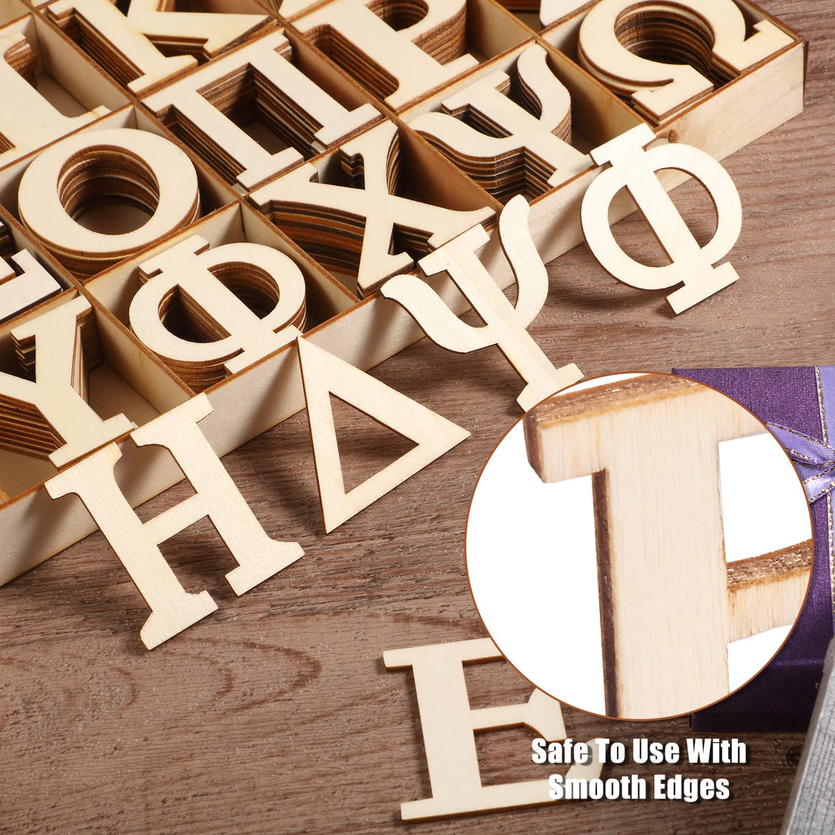 240 Pieces Unfinished Wood Greek Letters with Storage Tray Bold Font Small Wooden Alphabet Letters for Crafts Mini Blank Wood Greek Alphabets for Blulu