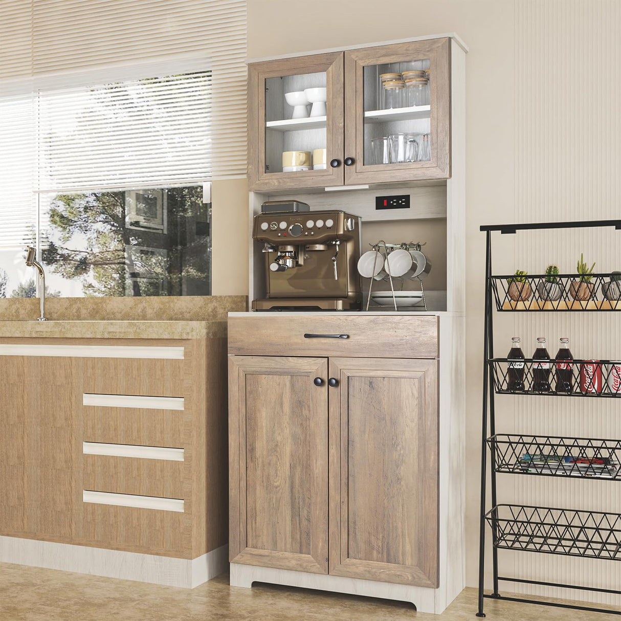 Kitchen Pantry Cabinet, Farmhouse Sideboard Buffet Cabinet with Charging Station and LED Light, Freestanding Kitchen Hutch Storage Cabinet with NEWOWNDS