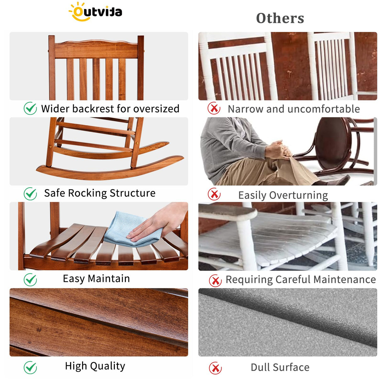 Outvita Outdoor Rocking Chair, Solid Wood High Back Rocker, All Weather Lounge Chair for Porch Patio Fire Pit Garden Backyard Deck Indoor, Wave Outvita