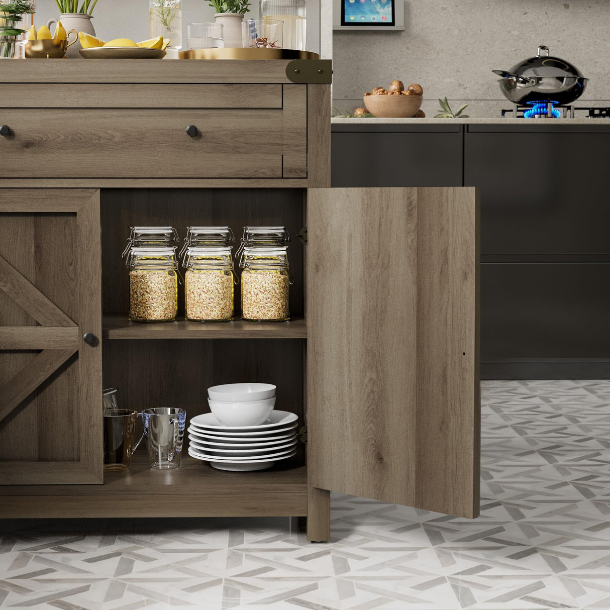 JUMMICO Coffee Bar Cabinet Farmhouse Kitchen Sideboard Buffet Cabinet with Drawer and Adjustable Shelf Barn Door Storage Cabinet for Kitchen, Dining JUMMICO