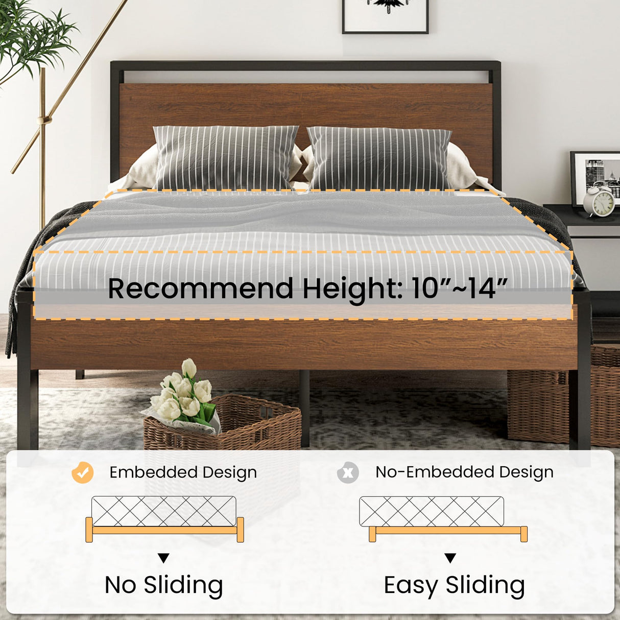 SHA CERLIN 14-Inch Queen Metal Platform Bed Frame with Rustic Wooden Headboard and Footboard SHA CERLIN