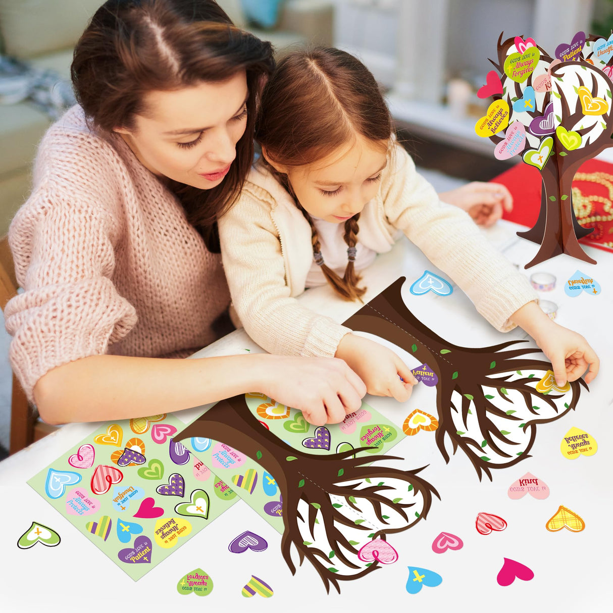 WATINC 16Pcs Valentine’s Day Christian Heart Trees Craft Kits, Make Your Own God’s Love Valentine Trees Decorations, DIY Easter Jesus Faith Trust WATINC