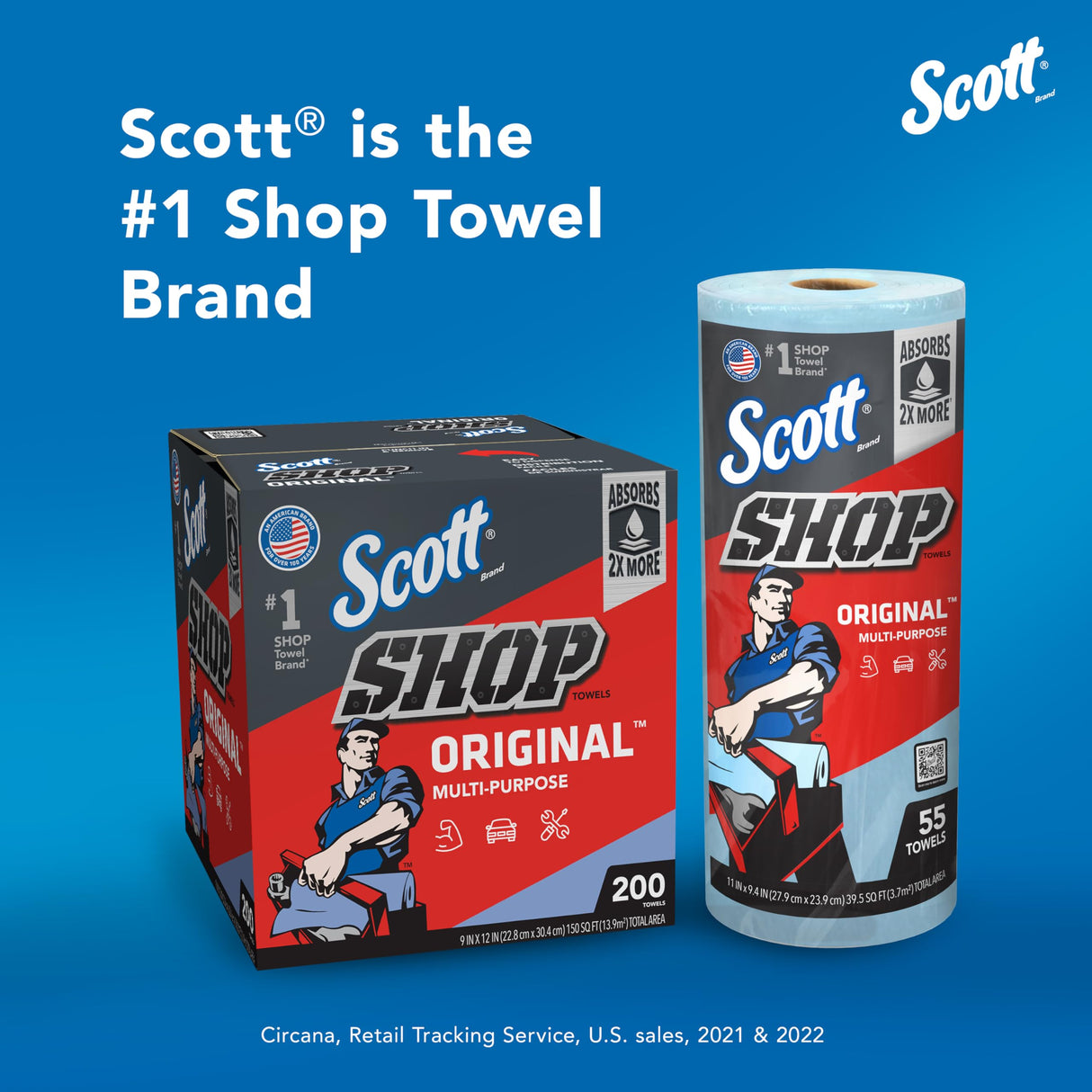 Scott® Shop Towels Original (75190), Blue, Pop-Up Dispenser Box (200 Towels/Box, 8 Boxes/Case, 1,600 Towels/Case) SCOTT SHOP ORIGINAL