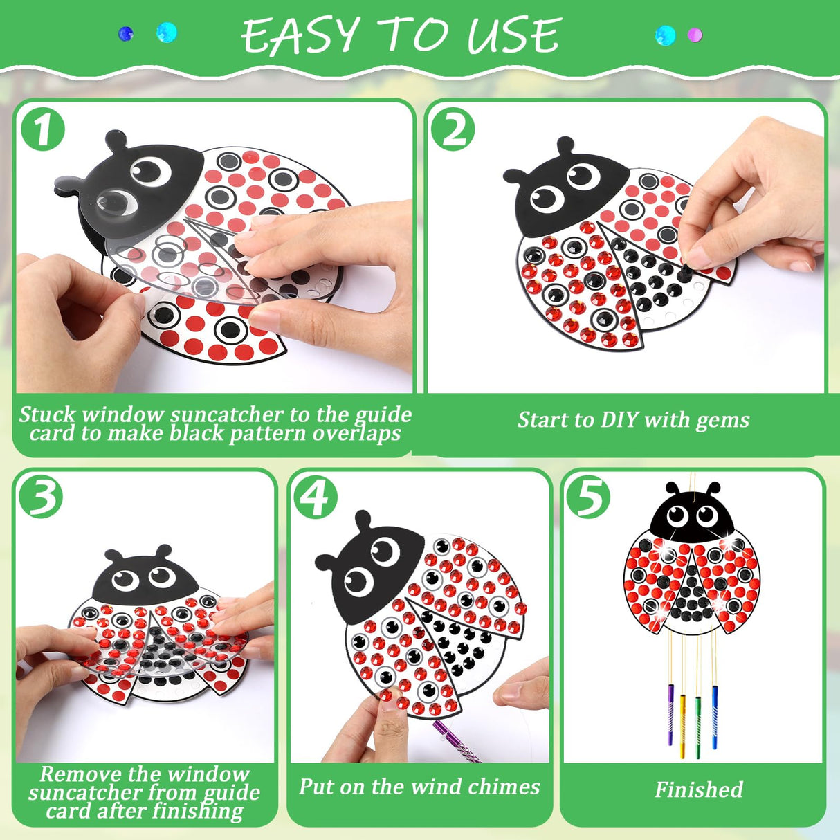 6 Pack Spring Arts Crafts Animals Gem Diamond Suncatcher Wind Chime Crafts for Kids DIY Spring Diamond Painting Wind Chime Gifts Exchange for Kids Qyeahkj