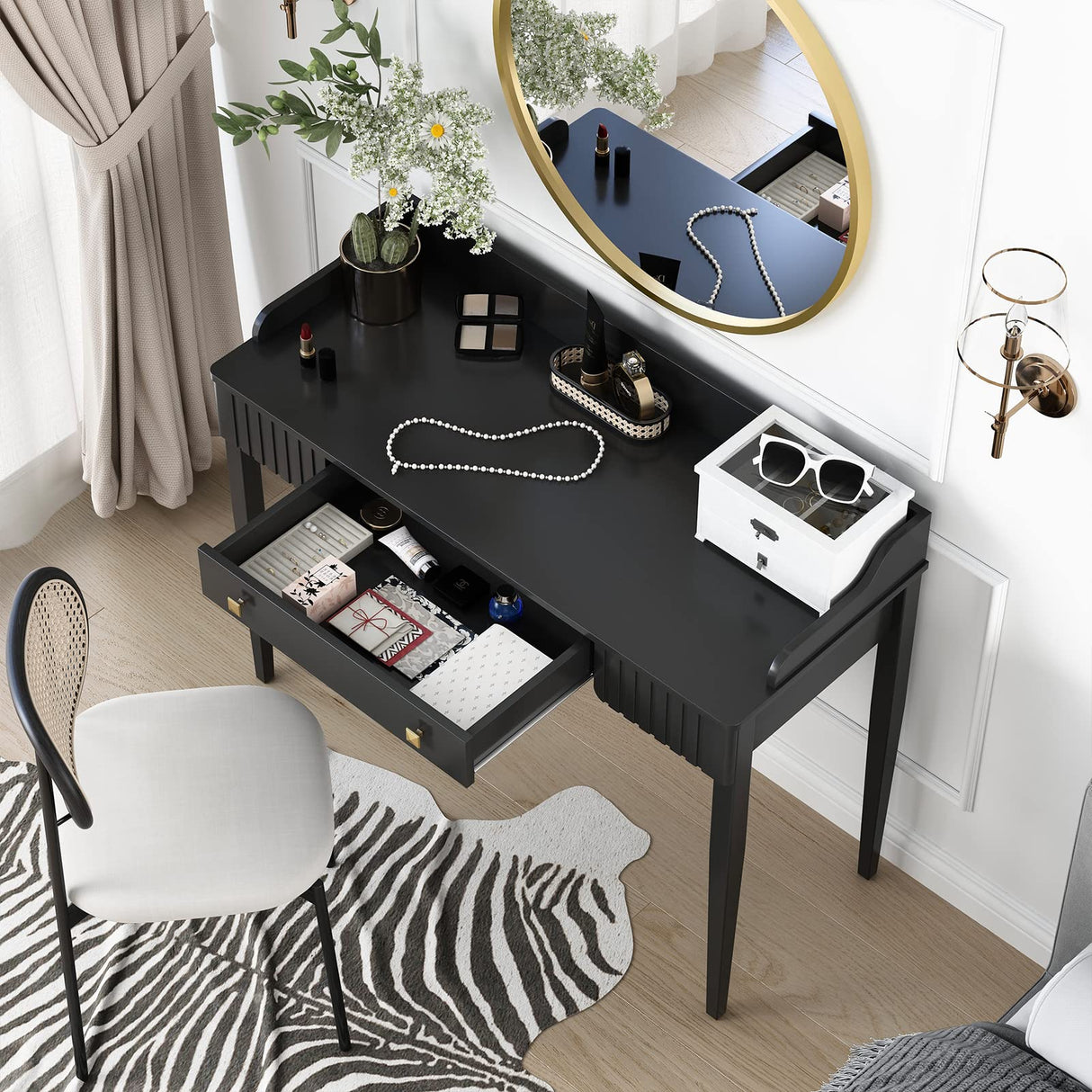 ukorua Black Vanity Desk Wooden Desk with Drawer Modern Desk Computer Desk White Makeup Table with Gold Handle ukorua