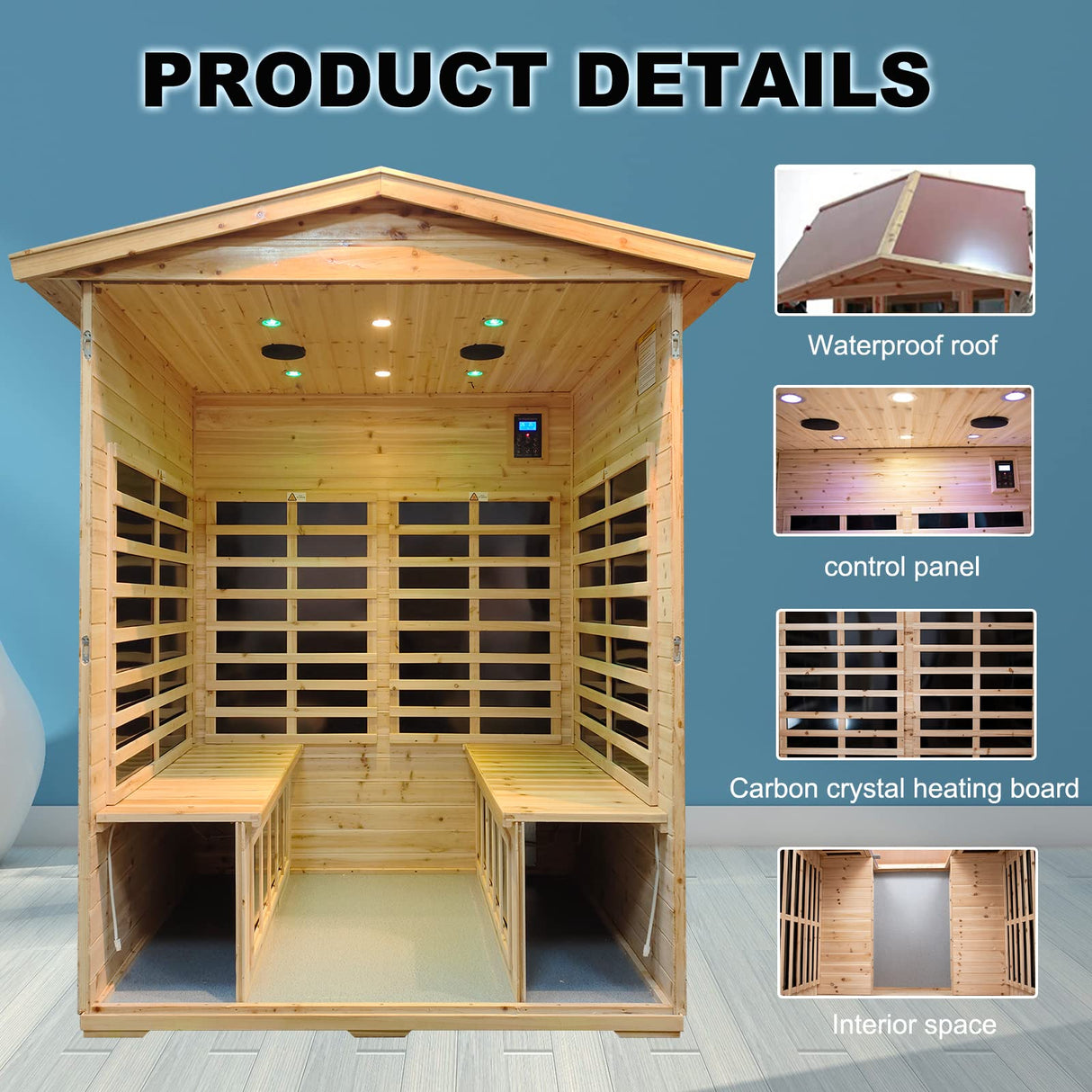 Kanlanth Far Infrared Sauna Low EMF Wooden Sauna for Home, 4 Person Outdoor Sauna Room, 2,050watt, Canadian Hemlock, Indoor Home Sauna with Kanlanth