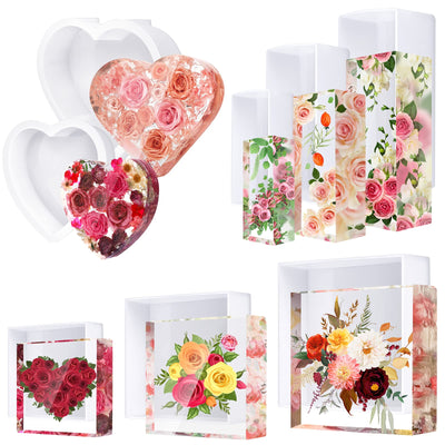8 Pcs Large Silicone Molds for Resin Square Rectangle Heart Shaped Flower Preservation Kit for Resin Glossy Deep Epoxy Molds Silicone Deep Resin