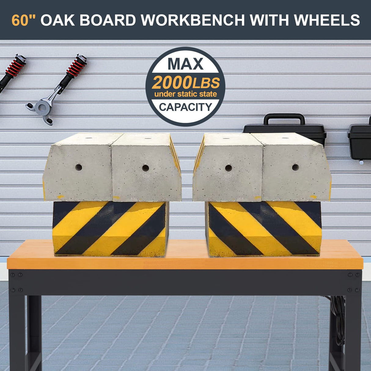 HABUTWAY Height Adjustable Workbench with Wheels 60“ x 22" 2000 Lbs Capacity Oak Board Work Station Heavy-Duty Rolling Work Benches for Garage Party HABUTWAY