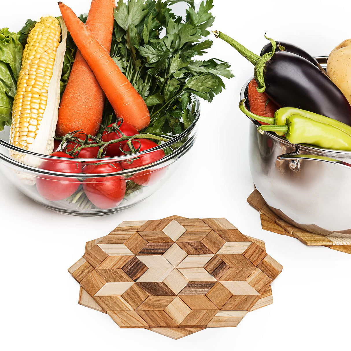 Wooden Trivets for Hot Dishes - 2 pcs Natural Handmade Wood Trivet Mat - Sturdy and Durable 7.5'' Kitchen Hot Pads - Wooden Trivet Frame for Hot Pots KIBS group