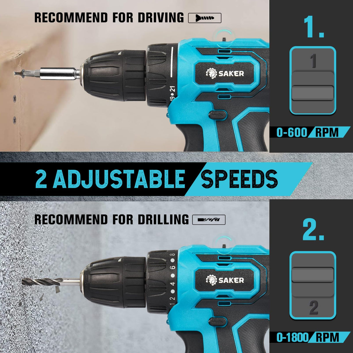 Saker Cordless Drill Set, Brushless 20V Electric Drill with Drill Bits, 3/8-Inch Keyless Chuck, 2 Variable Speeds, 430 In-lbs Torque Battery Power Saker