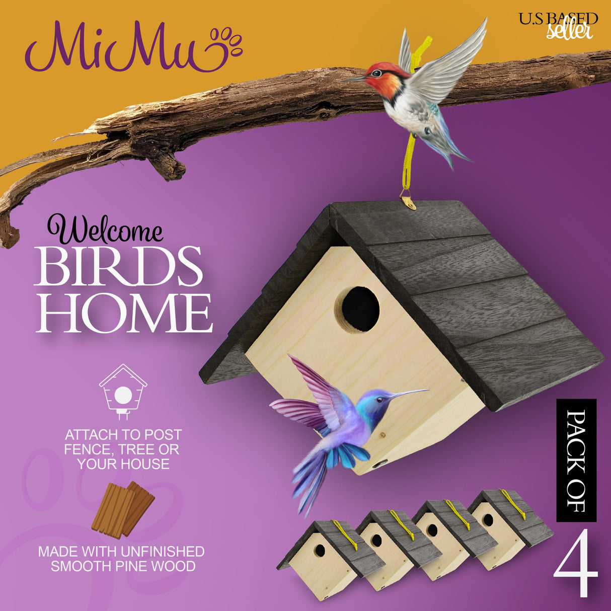 MiMu 6in Wood Birdhouse Kits for Adults - 4pk Unfinished Paintable Bird Houses for Outside Patio - Paint Your Own Hanging Diamond Birdhouse Party MiMu