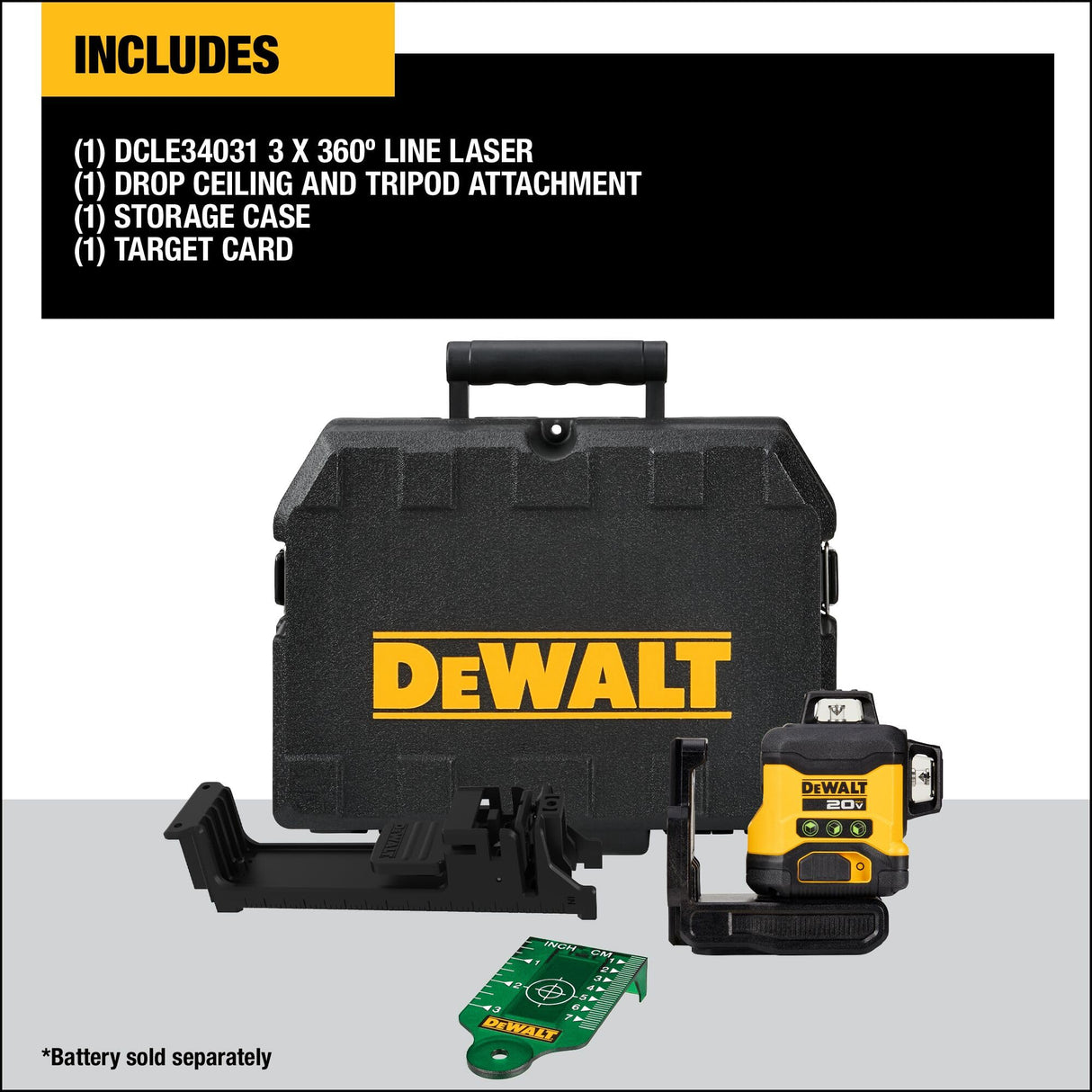 DEWALT 20V MAX Laser Level, Cross Line Laser, 3X360, Green, Bare Tool Only (DCLE34031B),Black DEWALT