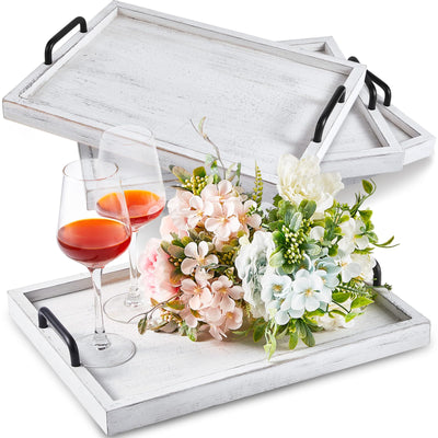 Lallisa 4 Pcs Large Rustic Wooden Serving Tray Rectangular Ottoman Tray with Handles Wood Tray Decorative Serving Trays Platter for Party Coffee