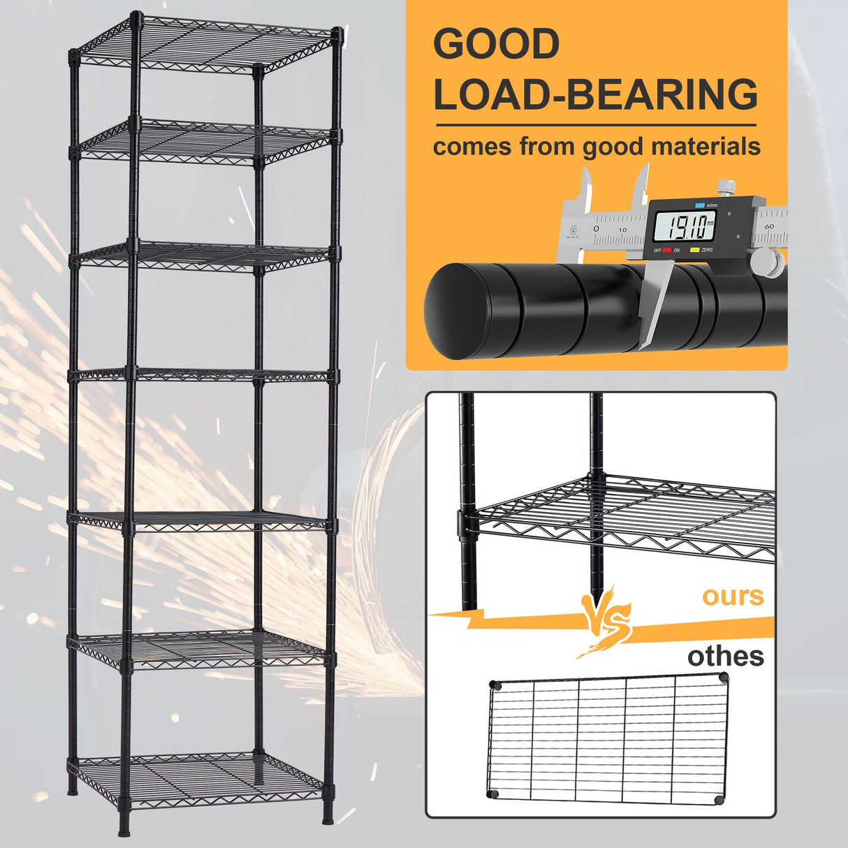 REIBII 71’’H Wire Shelving Rack 7-Tier Metal Shelving Units and Storage Shelves Loads 1176 LBS Adjustable Garage Shelving Heavy Duty Metal Shelves REIBII
