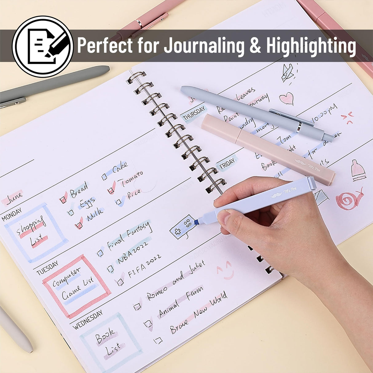 Mr. Pen- Aesthetic Highlighters and Gel Pens No Bleed, 10 Pack, Morandi Color Bible Highlighters No Bleed, Black Ink Bible Pens, Highlighter Pens, No Mr. Pen