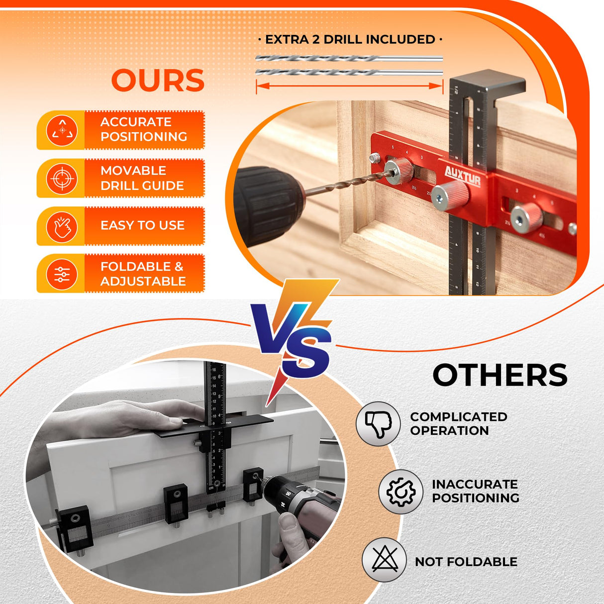 AUXTUR Cabinet Hardware Jig, Adjustable Cabinet Handle Template Tool with Alignment Hole, Punch Locator Drill Guide for Knobs,Handles and Pulls, AUXTUR