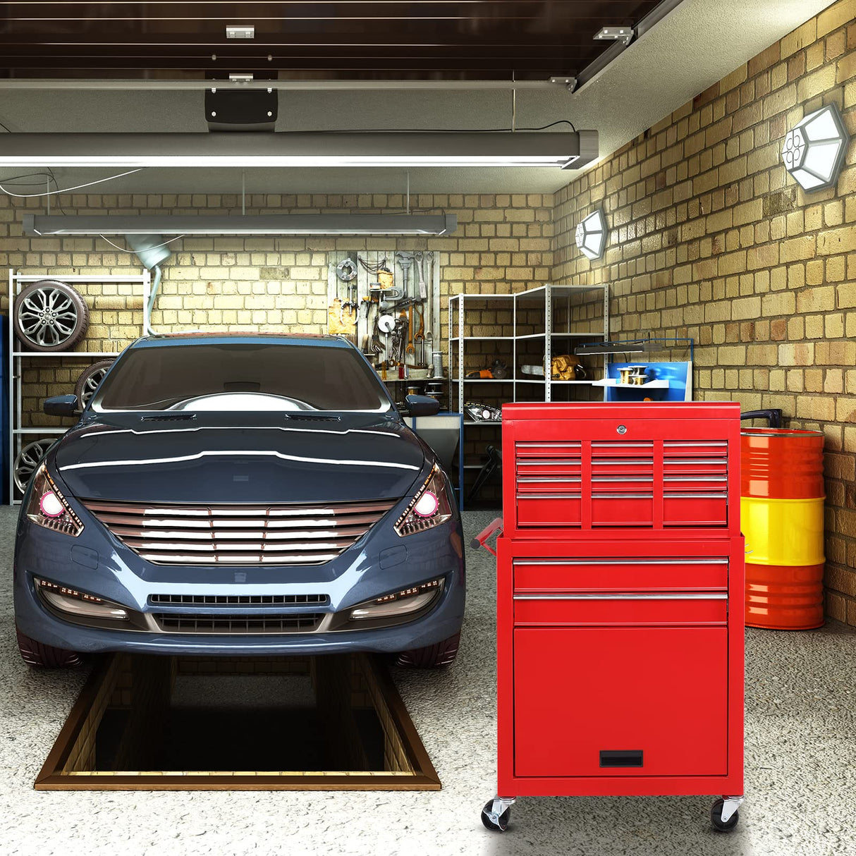 TUFFIOM 8-Drawer Rolling Tool Chest w/Lock & Key, Tool Storage Cabinet w/Wheels, Detachable Top, Drawers & Side Hooks, Mechanic Tool Organizer Box TUFFIOM