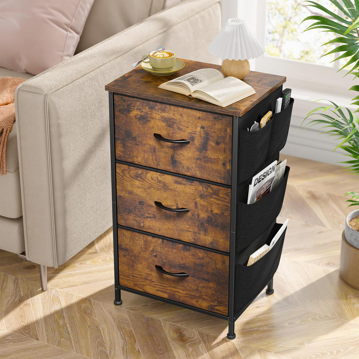 EnHomee Nightstand Set of 2, Night Stand with 3 Drawers for Bedroom, Bedside Table with Wooden Top, Sturdy Steel Frame End Table, Small Dresser for EnHomee