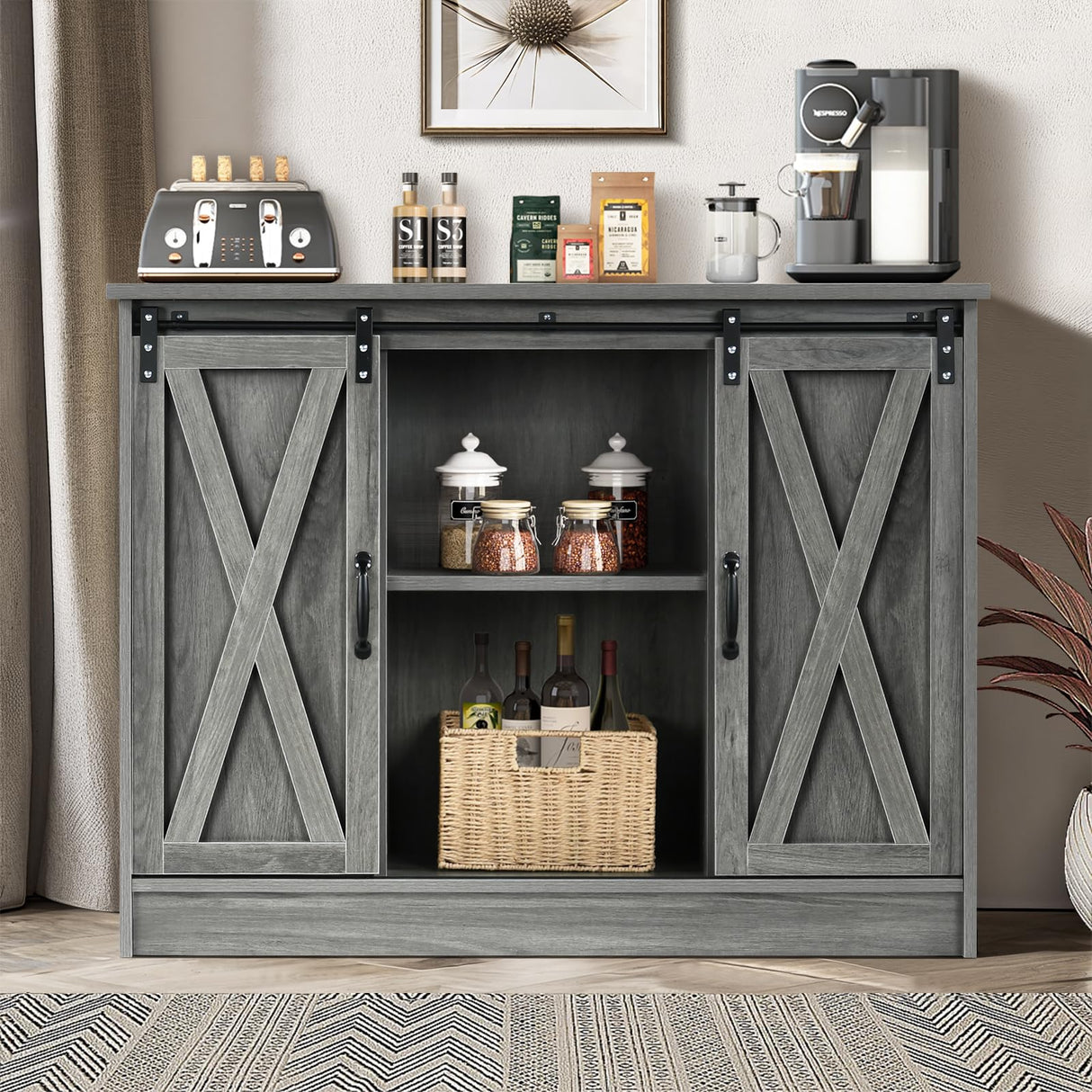 4 EVER WINNER Farmhouse Sideboard Buffet Cabinet with Storage, 42” Kitchen Cabinet with Sliding Barn Doors, Rustic Wood Coffee Bar Cabinet Table 4 EVER WINNER