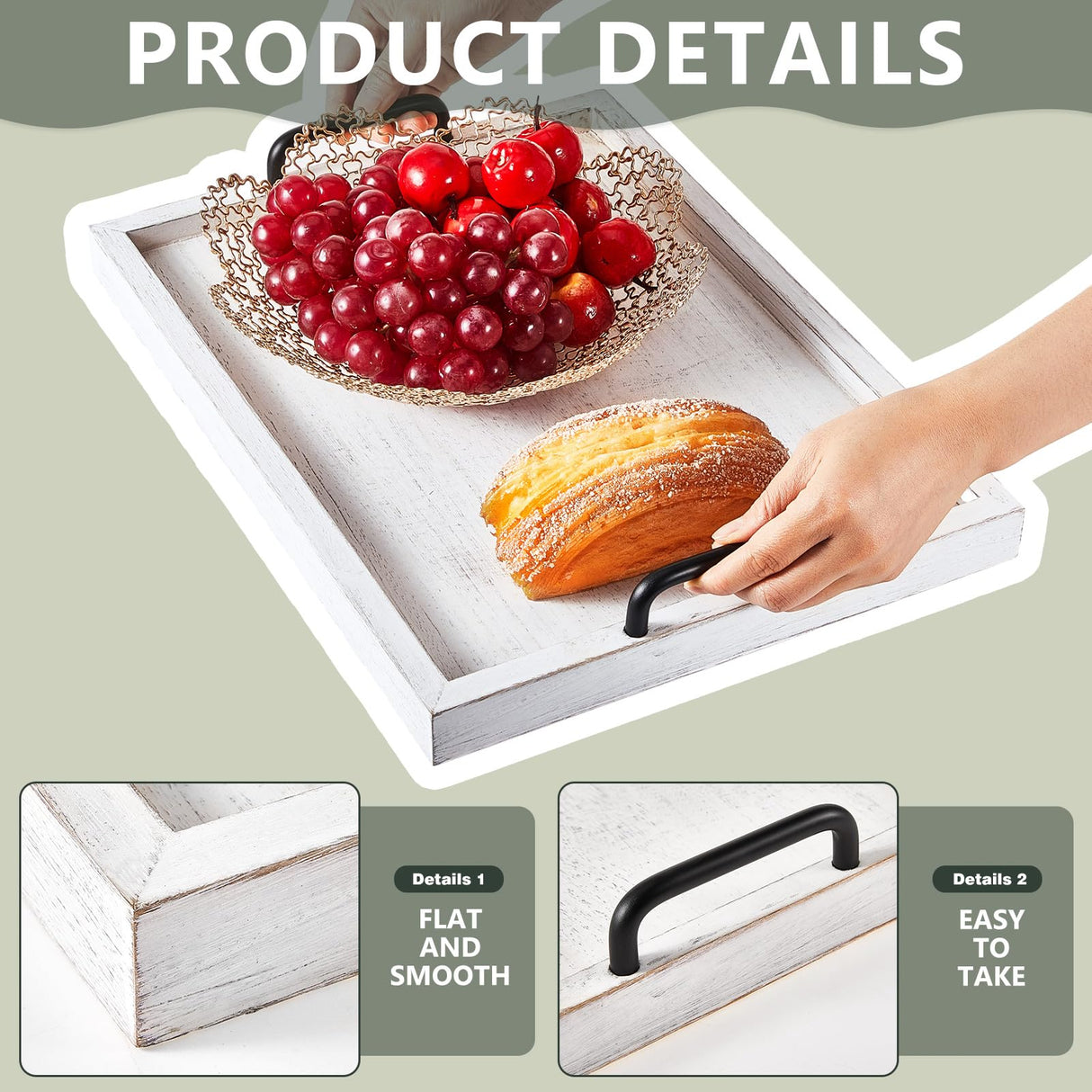 Lallisa 4 Pcs Large Rustic Wooden Serving Tray Rectangular Ottoman Tray with Handles Wood Tray Decorative Serving Trays Platter for Party Coffee Lallisa