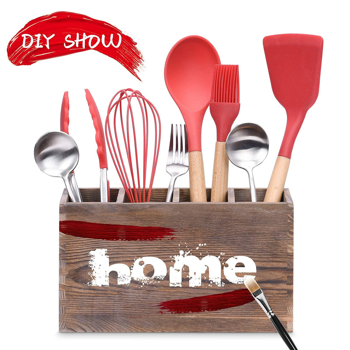 WuGeShop Rustic Utensil Caddy, 4 Adjustable Compartments Wooden Silverware Caddy, Upgraded Version kitchen Utensil Holders for Countertop WuGeShop