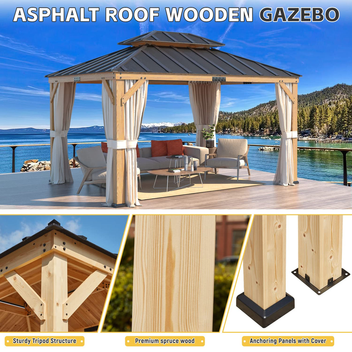 YOLENY 11' x 13' Solid Spruce Wood Gazebo, Hardtop Gazebo with Coated Wood Frame, Waterproof Asphalt Double Roof, Nettings and Curtains for Lawns, YOLENY