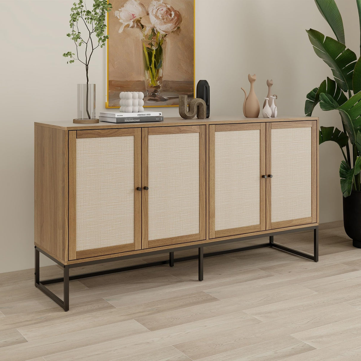 QEIUZON Modern Sideboard Cabinet, Accent Storage Cabinet with Rattan Doors and Adjustable Shelves, Freestanding Sideboard Storage Cabinet for Kitchen QEIUZON