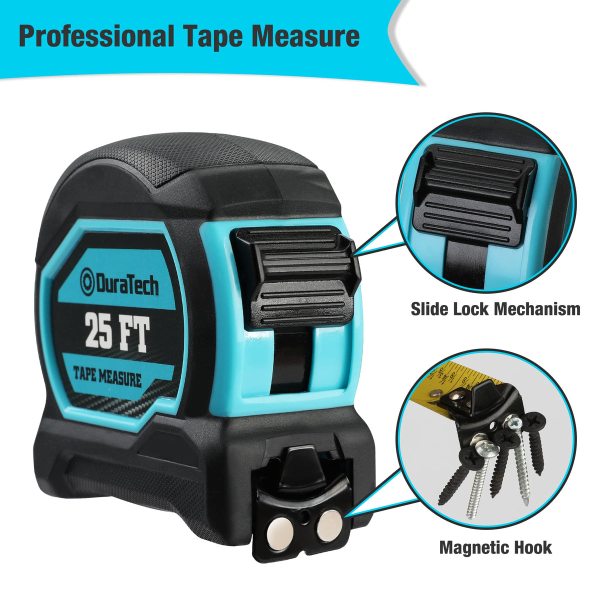 DURATECH Magnetic Tape Measure 25FT with Fractions 1/8, Retractable Measuring Tape, Easy to Read Both Side Measurement Tape, Magnetic Hook and Shock DURATECH