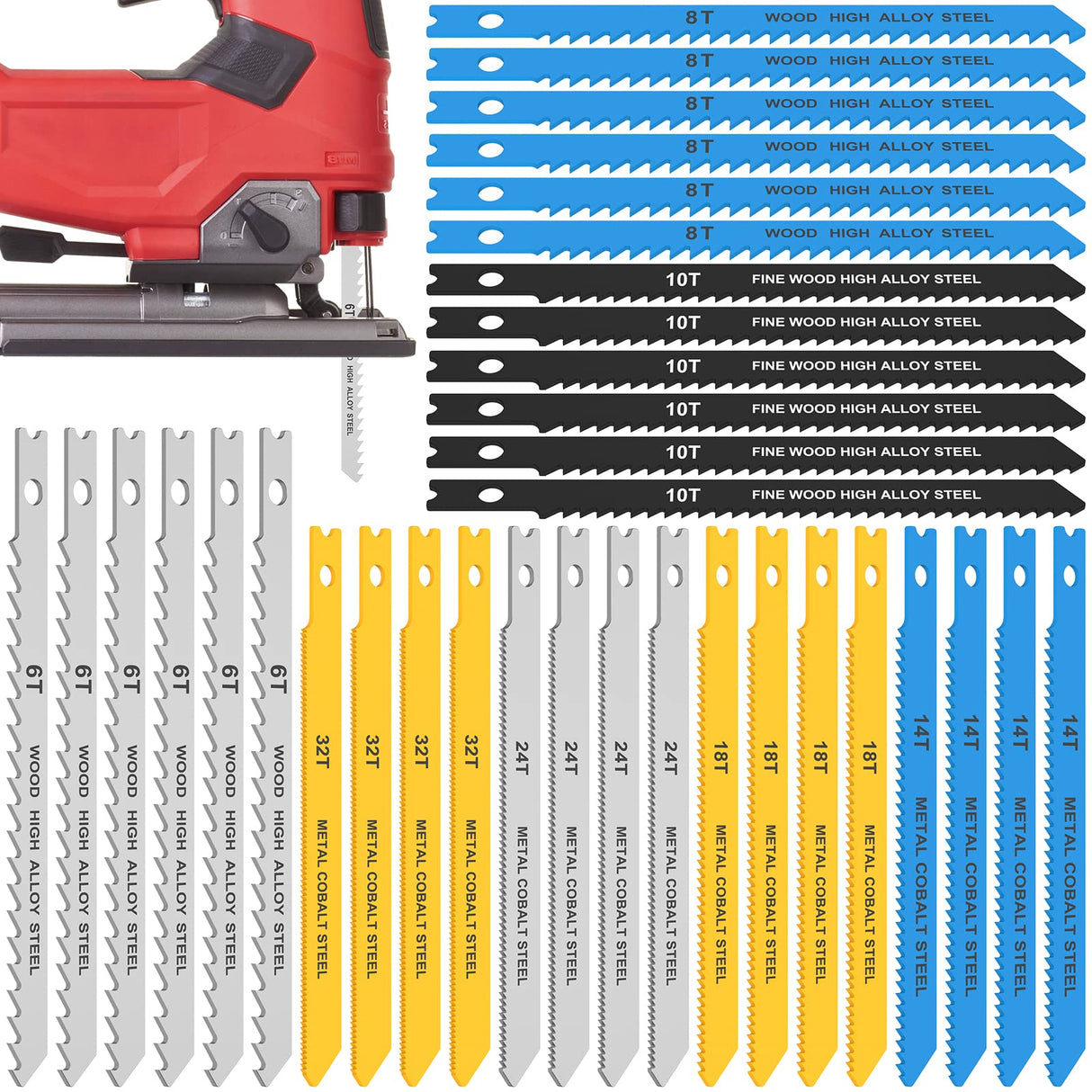 34Pcs Jig Saw Blade Set High Carbon Steel Assorted Saw Blades with U-Shank Sharp Fast Cut Down Jigsaw Blade Woodworking Tool for Wood Metal Plastic Ihvewuo