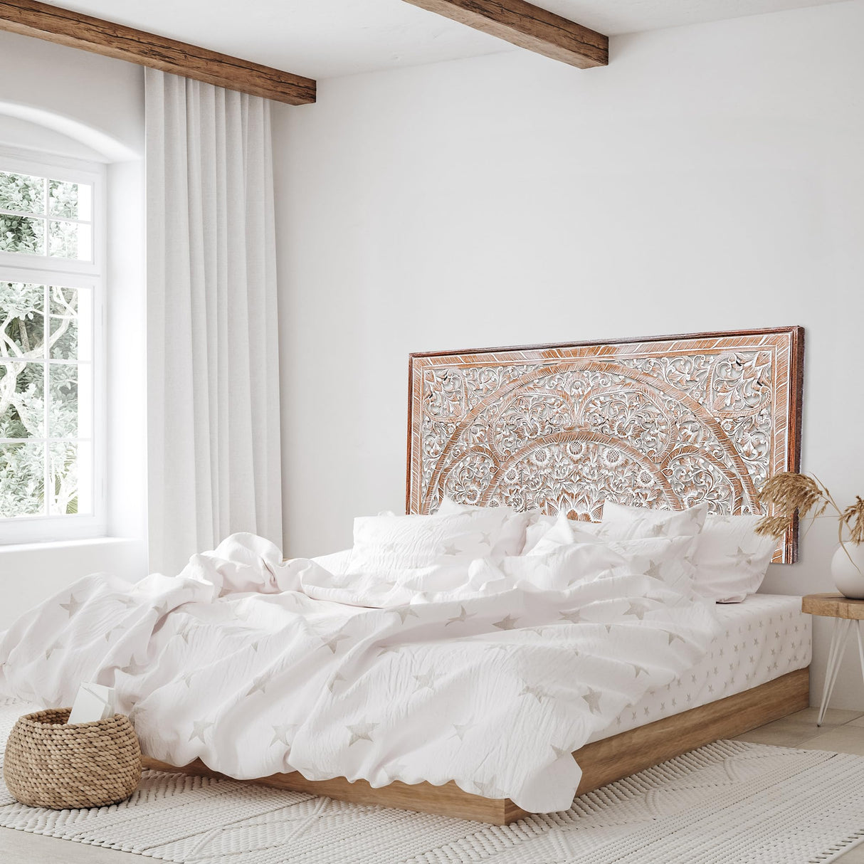 King Wood Headboard White Wash | Carved Full Headboard Only | Wooden Headboard Full Size Bed | Wall Mount Headboard King | Full Bed Headboard Panels KultureDeco