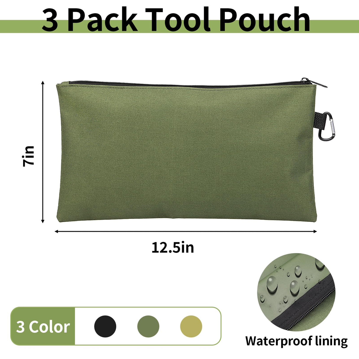 3 Pack Tool Bag Zipper Pouch, Premium Tool Pouch, Utility Multipurpose Storage Organizer Tool Pouches with Carabiner Metal Zipper for Tools, Travel COIDEA