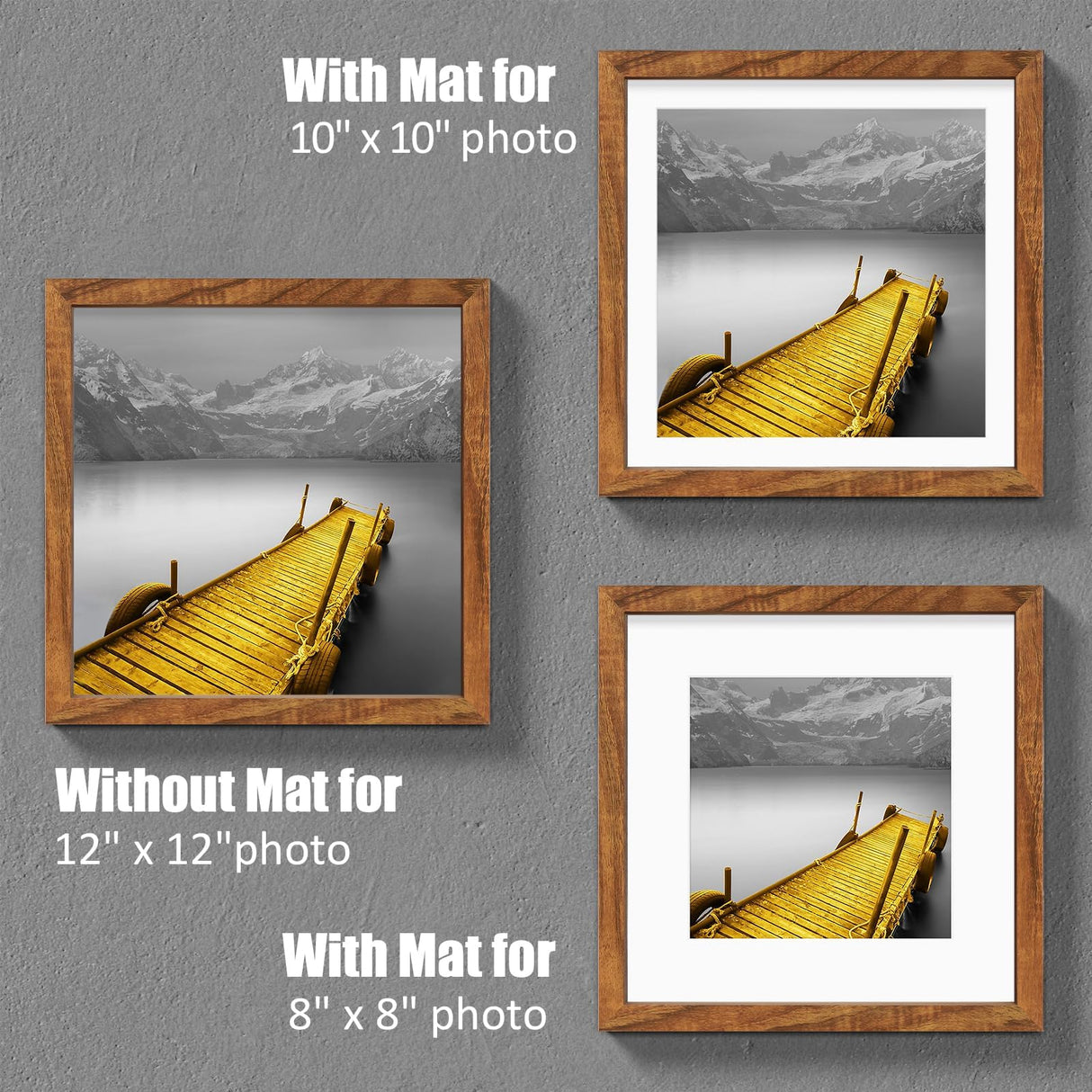 12x12 Picture Frames Solid Wood Display Pictures 10x10 or 8x8 with Mat or 12x12 without Mat - 12x12 Inch Square Photo Frames with 2 Mats for Wall or Tiblue