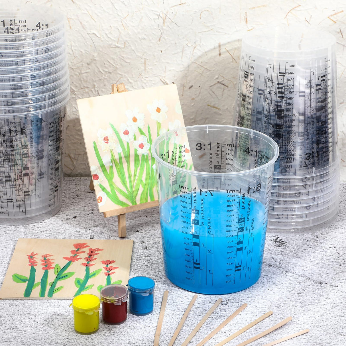24 Pcs 64 oz 1800 ml Paint Measuring Cups Mixing Cups with Graduated and 20 Pcs Paint Mixing Sticks Plastic Disposable Resin Automotive Epoxy Mixing Roshtia