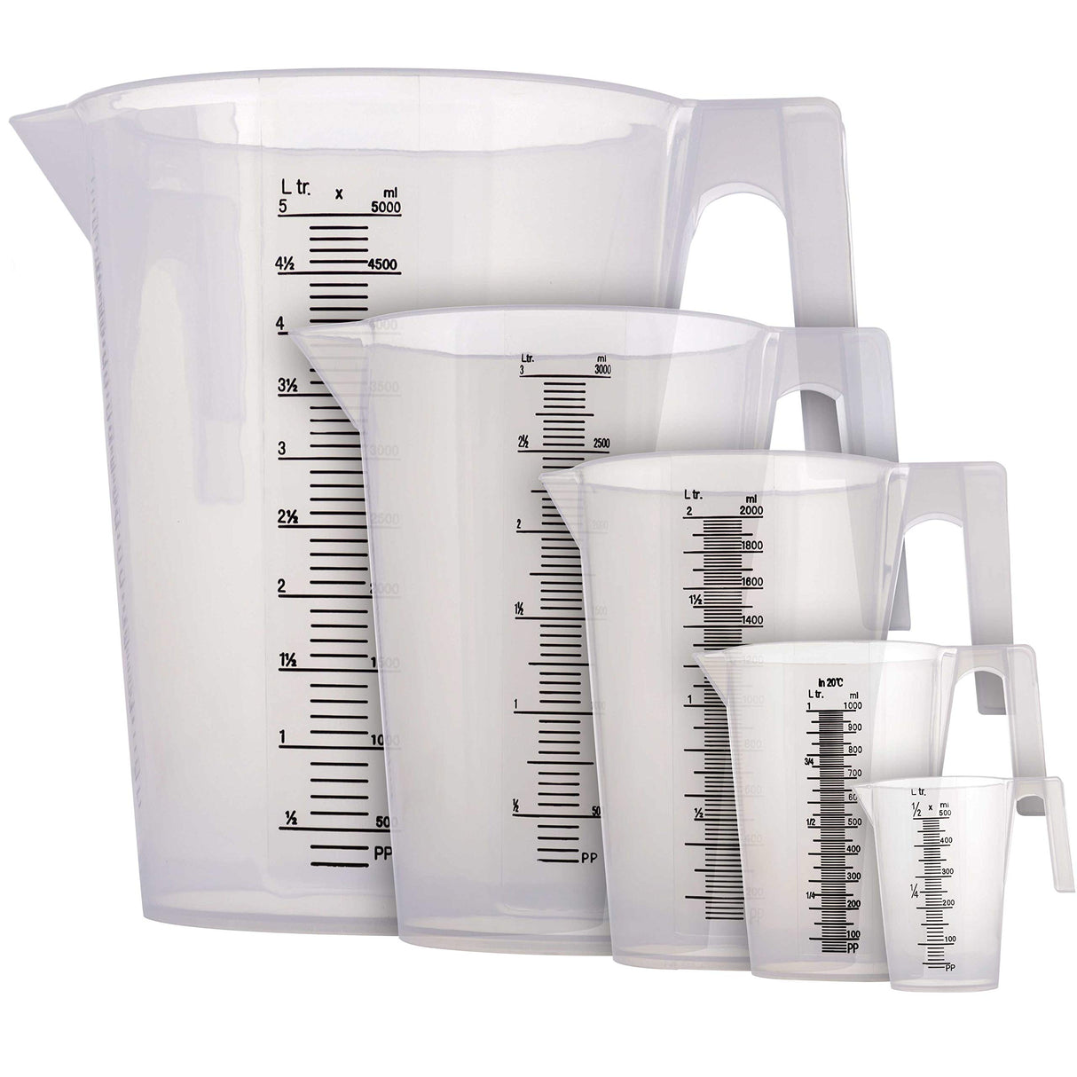 TCP Global 5 Piece Set of Plastic Graduated Measuring and Mixing Pitchers - 500, 1000 Quart, 2000, 3000, 5000 ml Gallon Sizes - Pouring Cups, Measure TCP Global