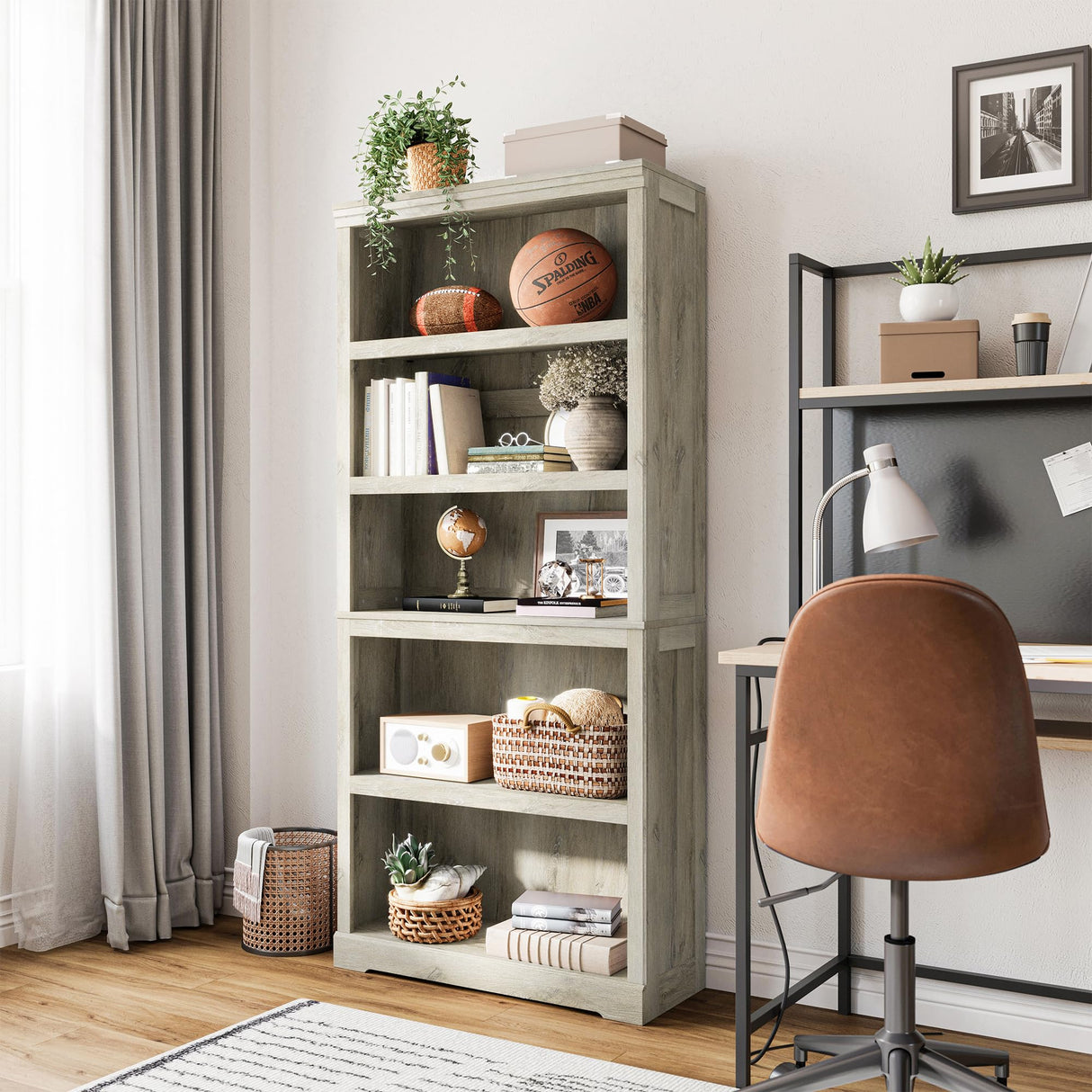 LINSY HOME 5-Tier Adjustable Bookshelf in Light Brown - Chic Floor Standing Storage for Home and Office LINSY HOME