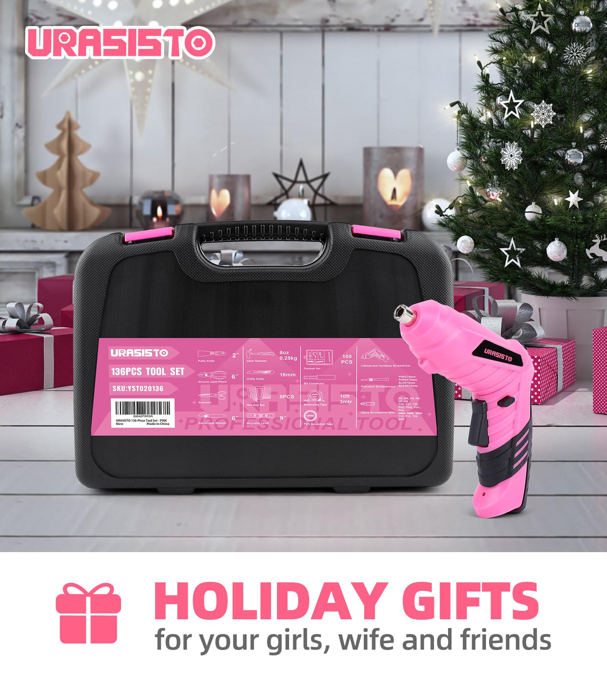 URASISTO Pink Household Tool Set with Drill, 136 PCS Home Tool Kit with 3.6V Cordless Lithium-ion Drill Driver, Hand Tool Kits for Women URASISTO