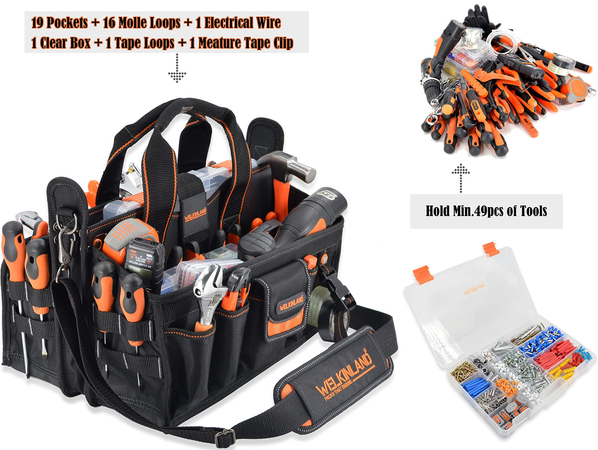 19-POCKETS Tool tote, Tool bag organizer, Electrician tool bag, HVAC tool bag, Tool caddy, Tool bags for electricians, Tool tote bag w/socket WELKINLAND