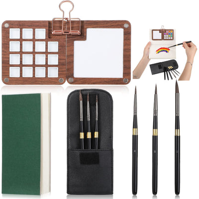 Glenmal 7 Pcs Portable Watercolor Palette with Clip Mini Watercolor Paper Sketchbook Travel Watercolor Brushes Set Wooden Color Palette Box 3 Round