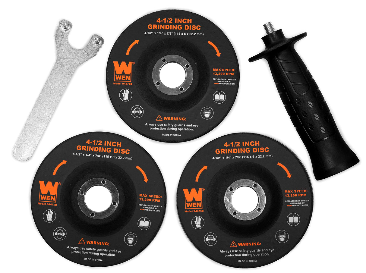 WEN 94475 7.5-Amp 4-1/2-Inch Angle Grinder with Reversible Handle, Three Grinding Discs, and Carrying Case, Black,orange WEN