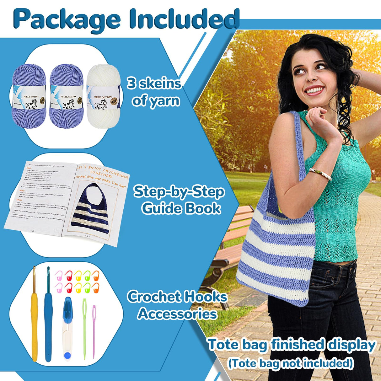 Katech Crochet Kit for Beginners, Striped Tote Bag Crochet Set Includes Crochet Yarn Crochet Hooks,Complete Crochet Step-by-Step Guide Needles Katech