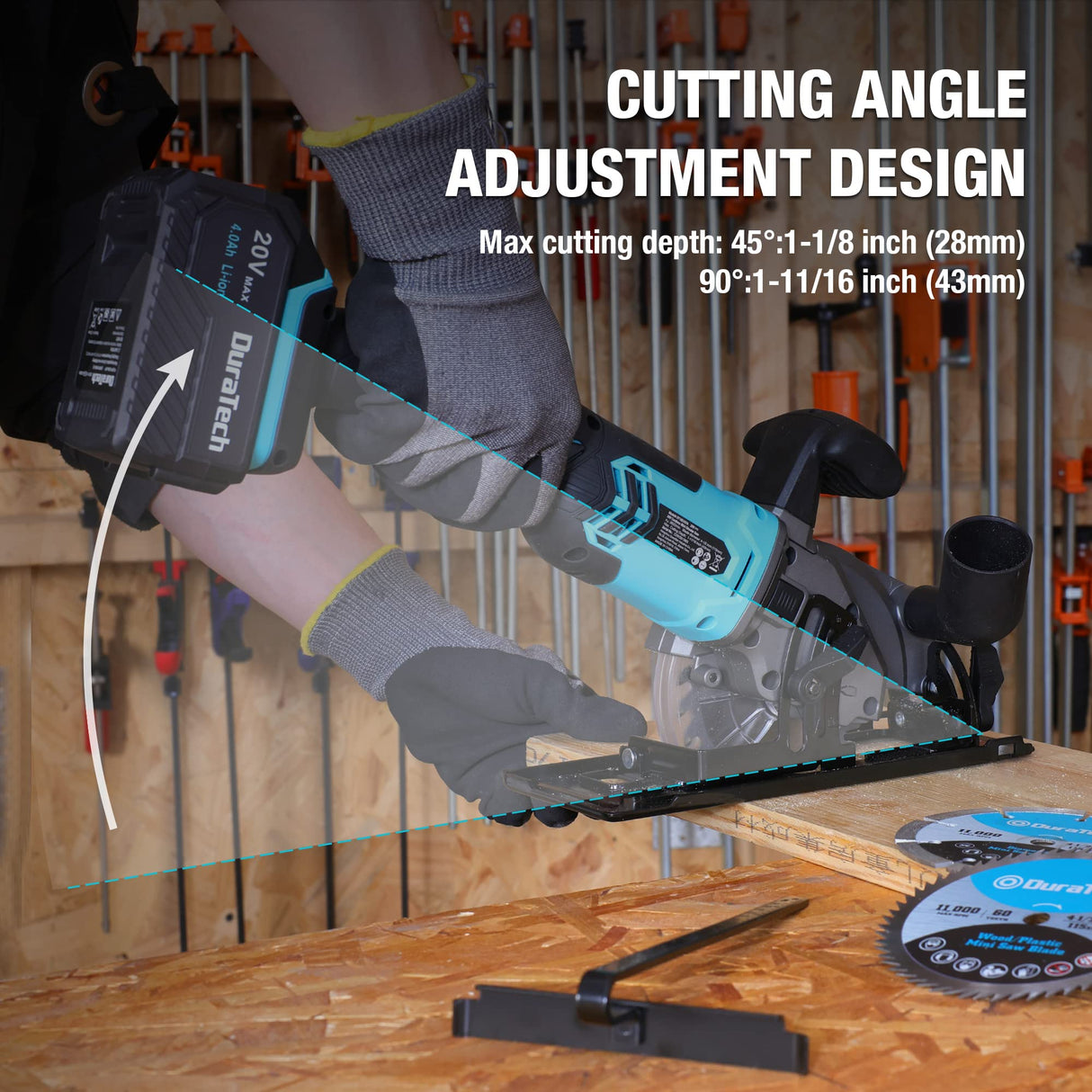 DURATECH Circular Saw, 20V 4-1/2 Inch Mini Circular Saw with Battery, Charger, 3 Saw Blades(4-1/2”), Cordless Circular Saw for Tiles, Wood, Soft DURATECH