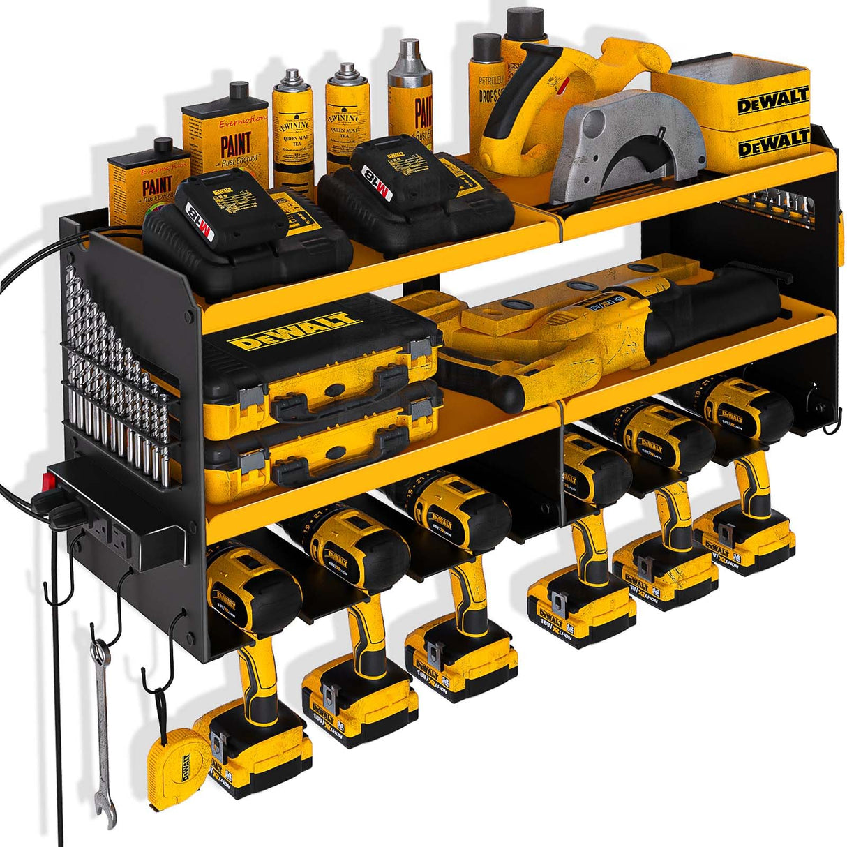Spampur Power Tool Organizer Wall Mount with Charging Station, 6 Drill Holders Tool Shelf, Heavy Duty Garage shelves Utility Tool Storage, Tool Spampur