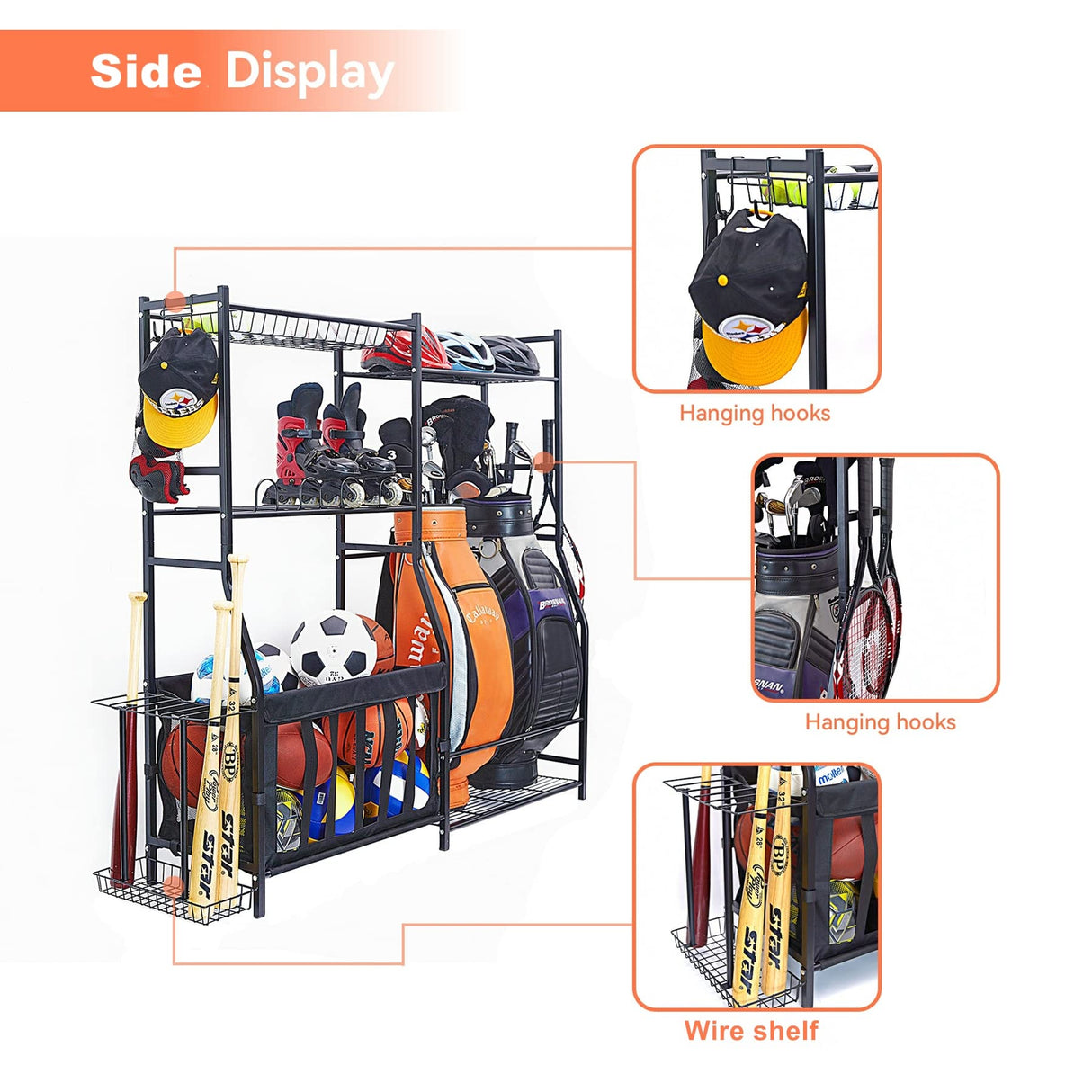 WALMANN Garage Sports Equipment Organizer, Golf Bag Stand for Garage Ball Storage Rack Indoor/Outdoor Kids Toys Storage Organizer Bins, Ball Holder WALMANN