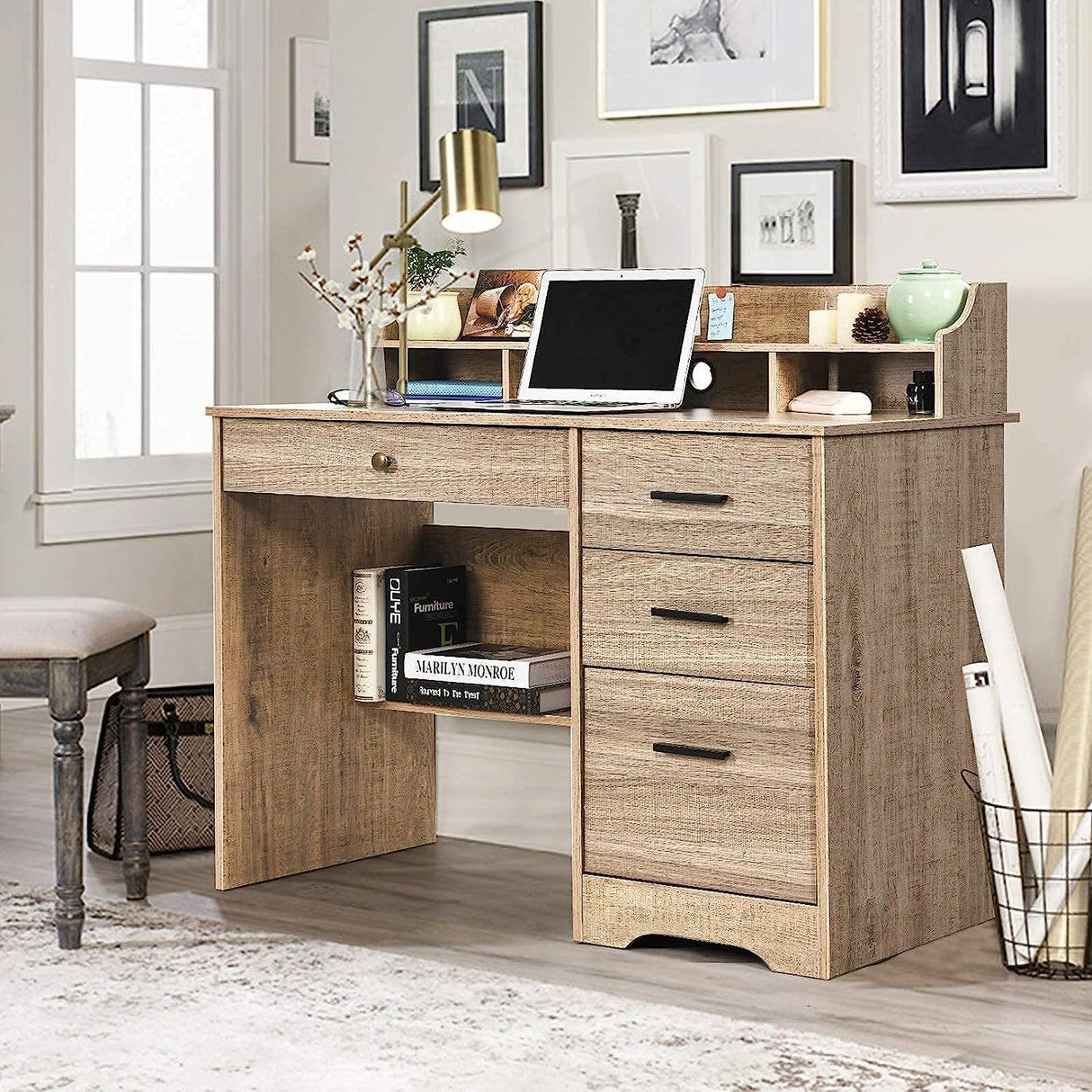 Catrimown Computer Desk with Drawers and Hutch, Wood Executive Desks for Home Office Bedrooms Desk Student Teen Writing Laptop Table, Small Desk with Catrimown