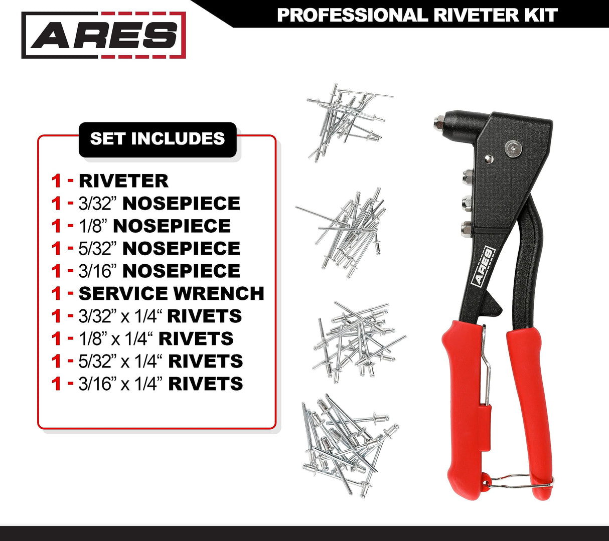 ARES 70017 - Professional Pop Rivet Gun with 60 Rivets - Rivet Sizes 3/32-inch, 1/8-inch, 5/32-inch, & 3/16-inch - Applications Include Sheet Metal, ARES