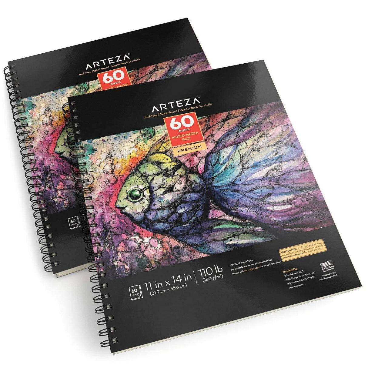 ARTEZA Mixed Media Sketchbook, 11 x 14 Inches, Pack of 2, 110lb/180gsm Mixed Media Paper, 120 Sheets, Spiral-Bound Multi Media Pads, Art Supplies for ARTEZA